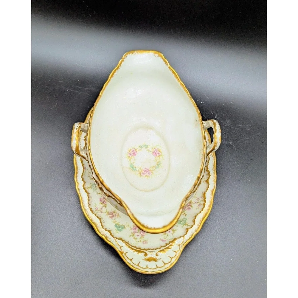 Antique Haviland Limoges Schleiger 844 Gravy Sauce Boat W Attached Underplate 9